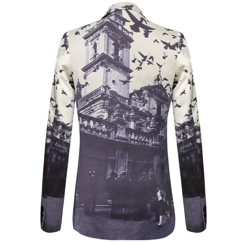 Unique Bird Castle Pattern Italian Style Wedding Prom Men's Blazers Jacket