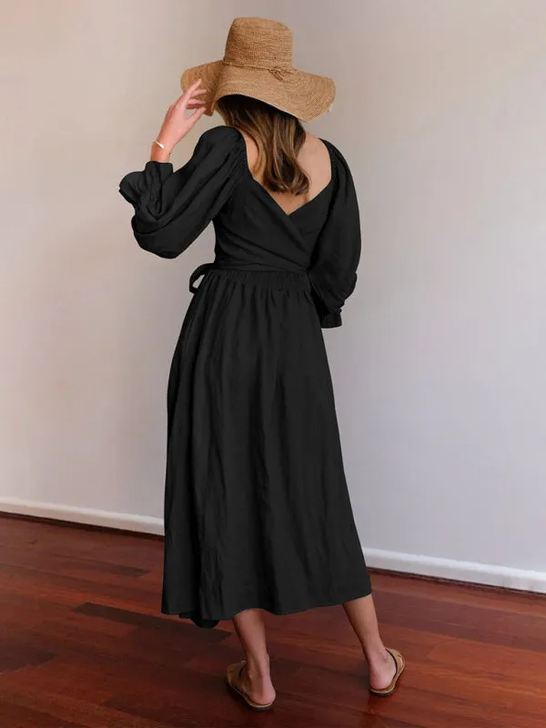 Vacation Solid A-Line Midi Dress with Tie Front & Wrap Back