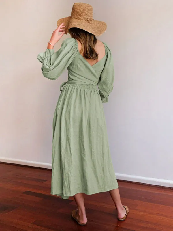 Vacation Solid A-Line Midi Dress with Tie Front & Wrap Back