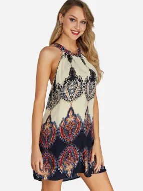 Wholesale Apricot Halter Sleeveless Tribal Print Self-Tie Casual Dress