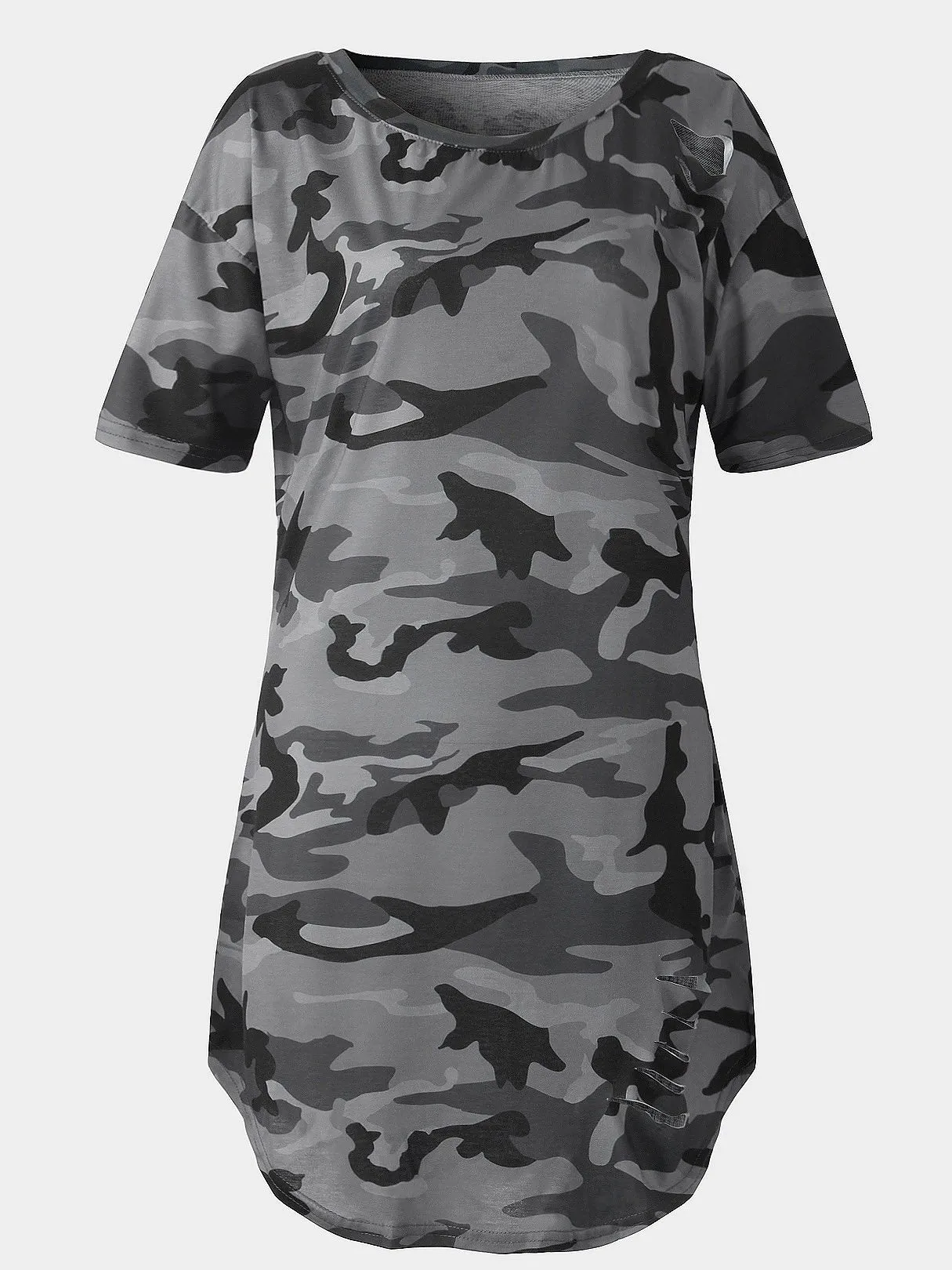 Wholesale Army Green Round Neck One Shoulder Short Sleeve Camouflage Curved Hem Casual Dress