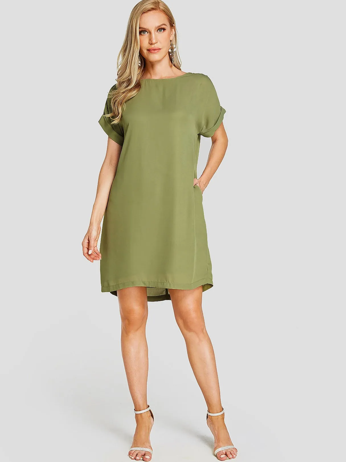 Wholesale Army Green Round Neck Short Sleeve Plain Side Pockets Casual Dress