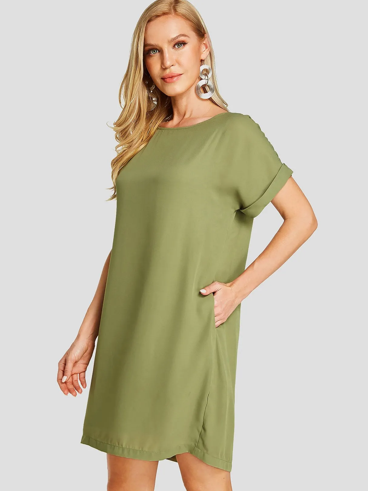 Wholesale Army Green Round Neck Short Sleeve Plain Side Pockets Casual Dress