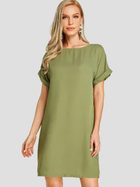 Wholesale Army Green Round Neck Short Sleeve Plain Side Pockets Casual Dress