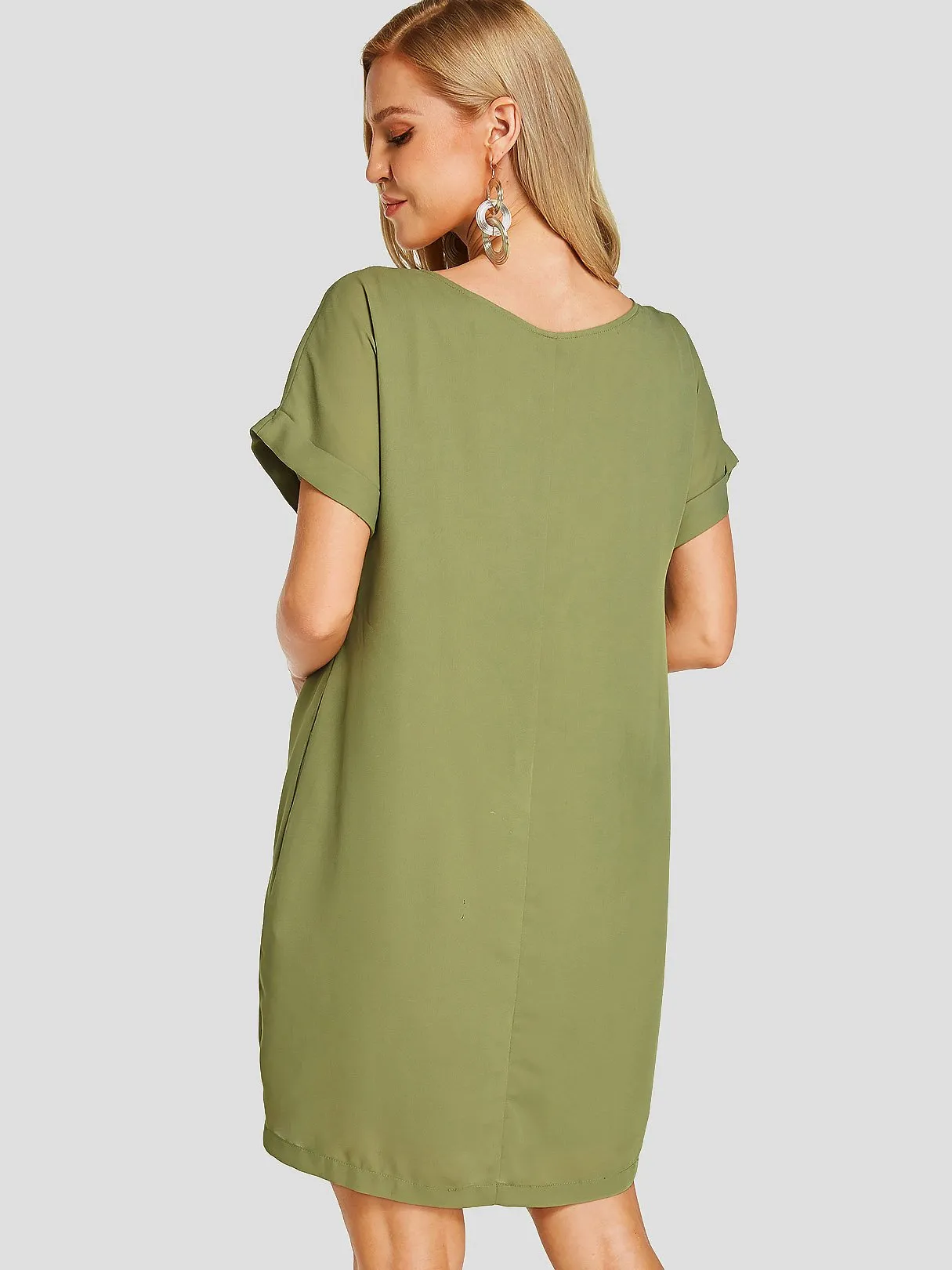 Wholesale Army Green Round Neck Short Sleeve Plain Side Pockets Casual Dress