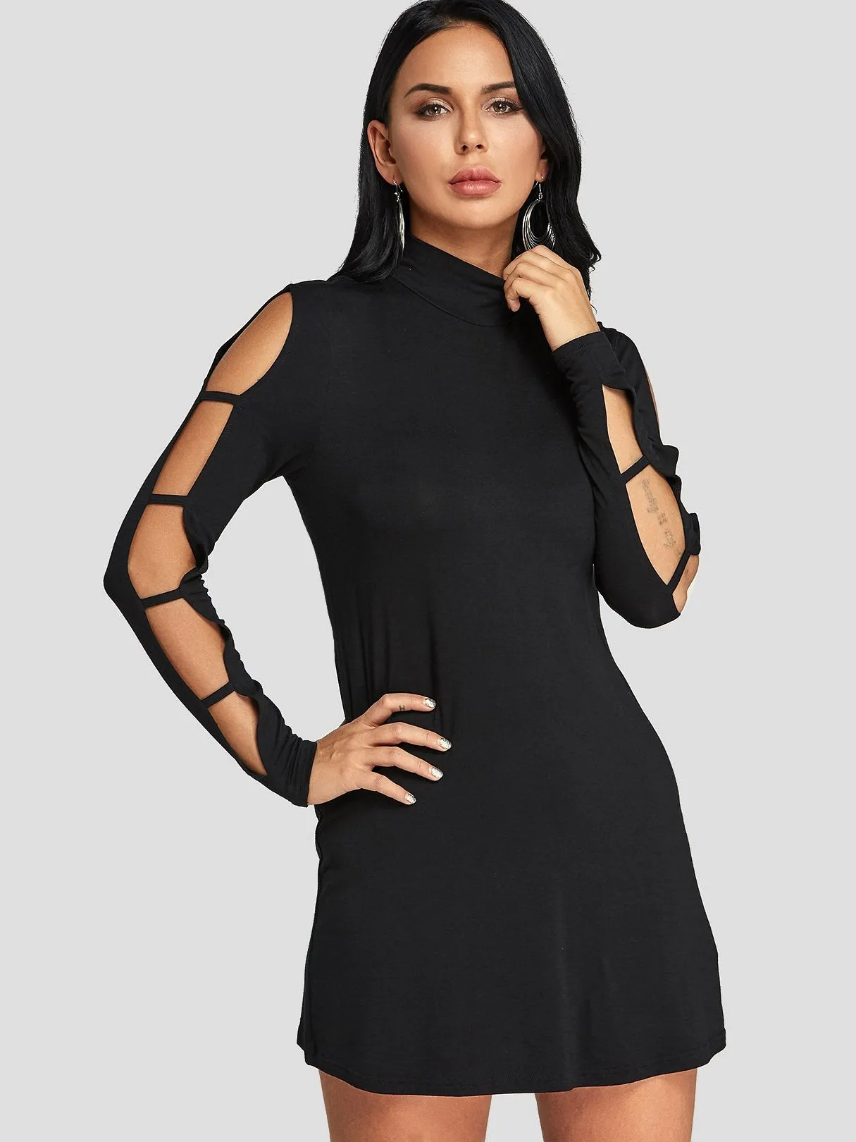 Wholesale Black Long Sleeve Plain Cut Out Casual Dresses