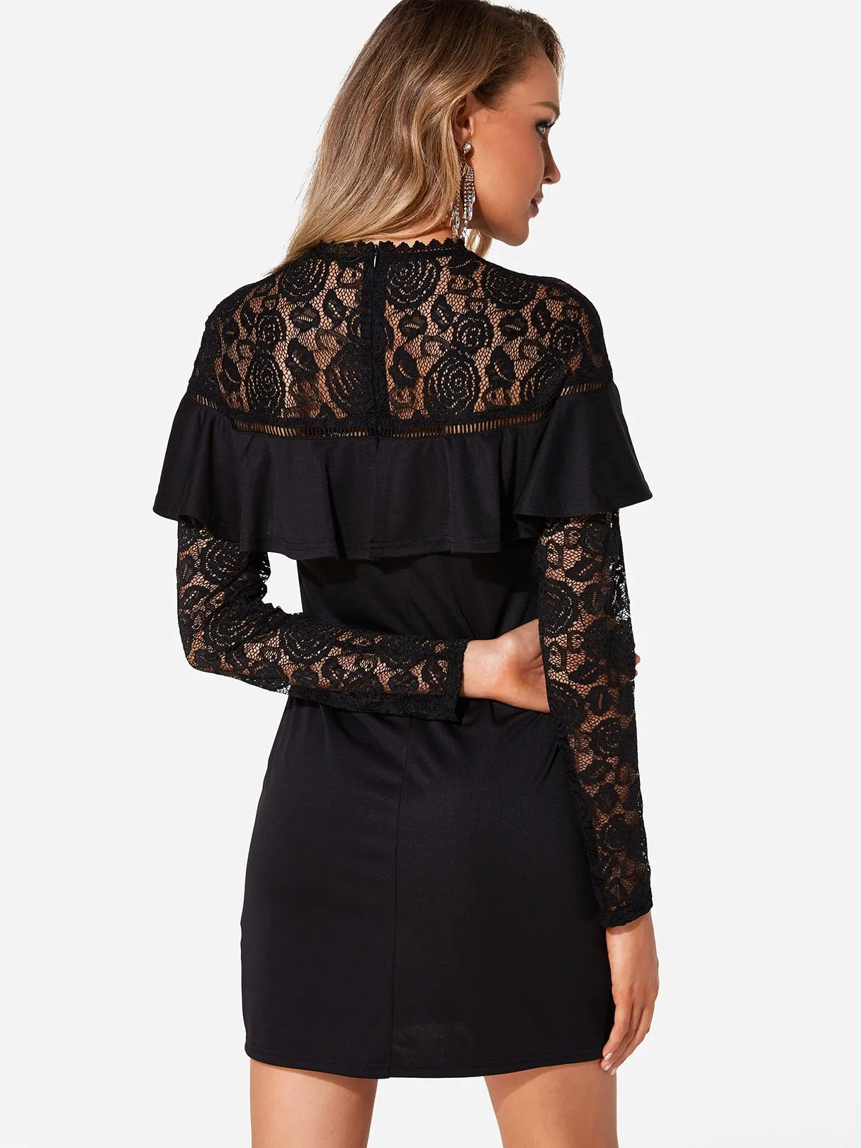 Wholesale Black Round Neck Long Sleeve Plain Lace Tiered Stitching Hem Casual Dress