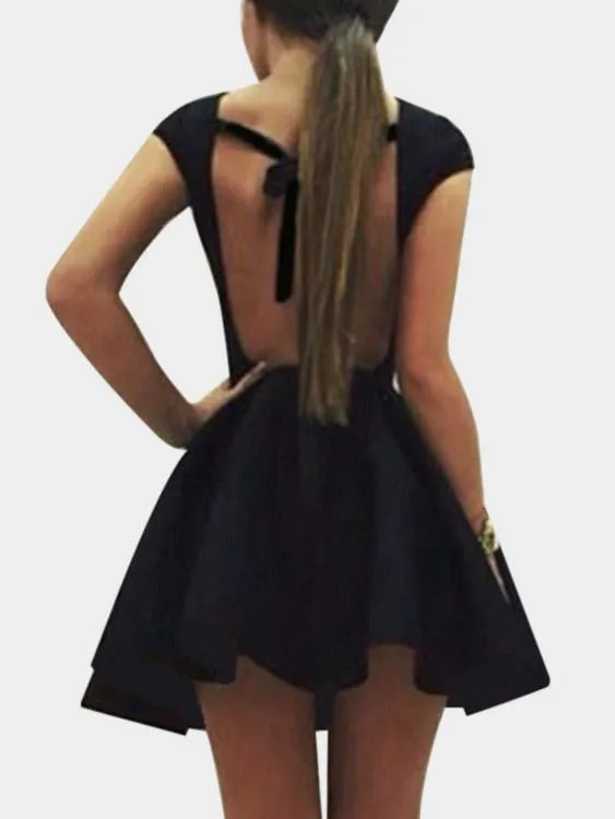 Wholesale Black Round Neck Short Sleeve Backless Lace-Up Ruffle Hem High-Waisted Casual Dress