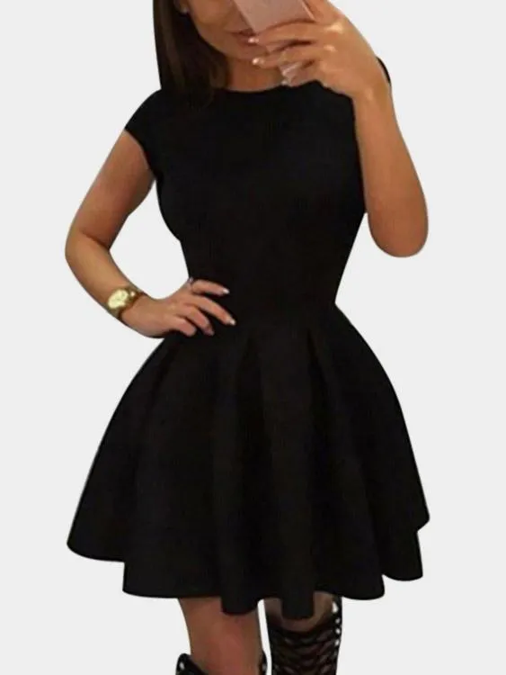 Wholesale Black Round Neck Short Sleeve Backless Lace-Up Ruffle Hem High-Waisted Casual Dress