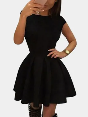 Wholesale Black Round Neck Short Sleeve Backless Lace-Up Ruffle Hem High-Waisted Casual Dress