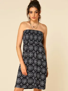 Wholesale Black Strapless Sleeveless Tribal Print Backless Casual Dress