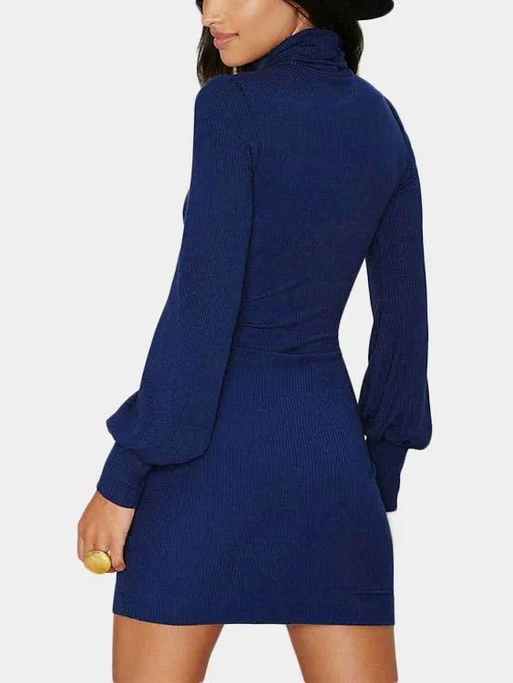 Wholesale Blue High Neck Long Sleeve Casual Dresses