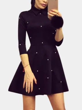 Wholesale Classic Collar 3/4 Length Sleeve Ruffle Hem Black High-Waisted Casual Dresses