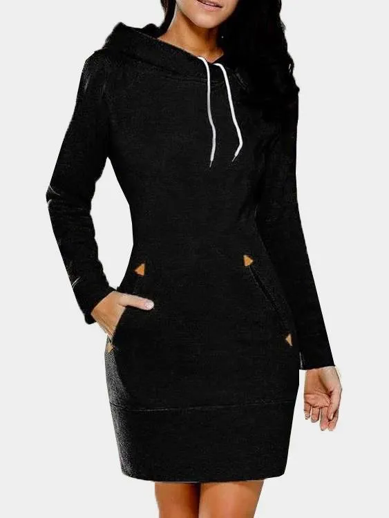 Wholesale Crew Neck Long Sleeve Plain Zip Back Side Pockets Hooded Black Casual Dresses