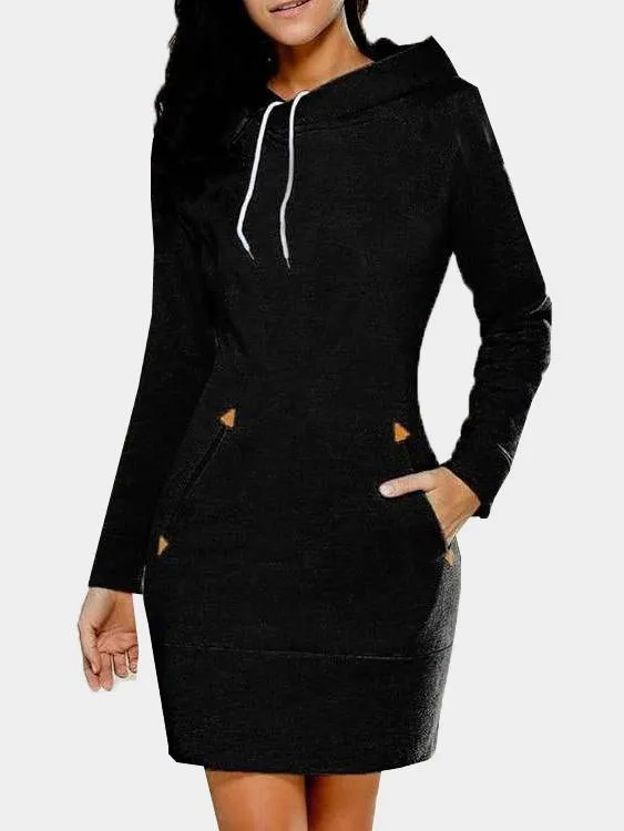 Wholesale Crew Neck Long Sleeve Plain Zip Back Side Pockets Hooded Black Casual Dresses