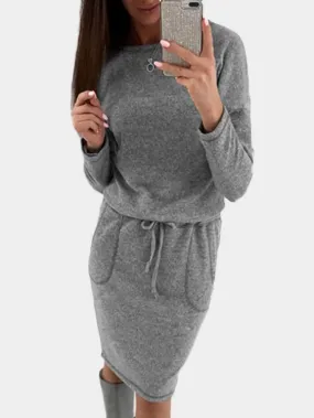 Wholesale Grey Round Neck Long Sleeve Two Large Pockets Casual Dresses