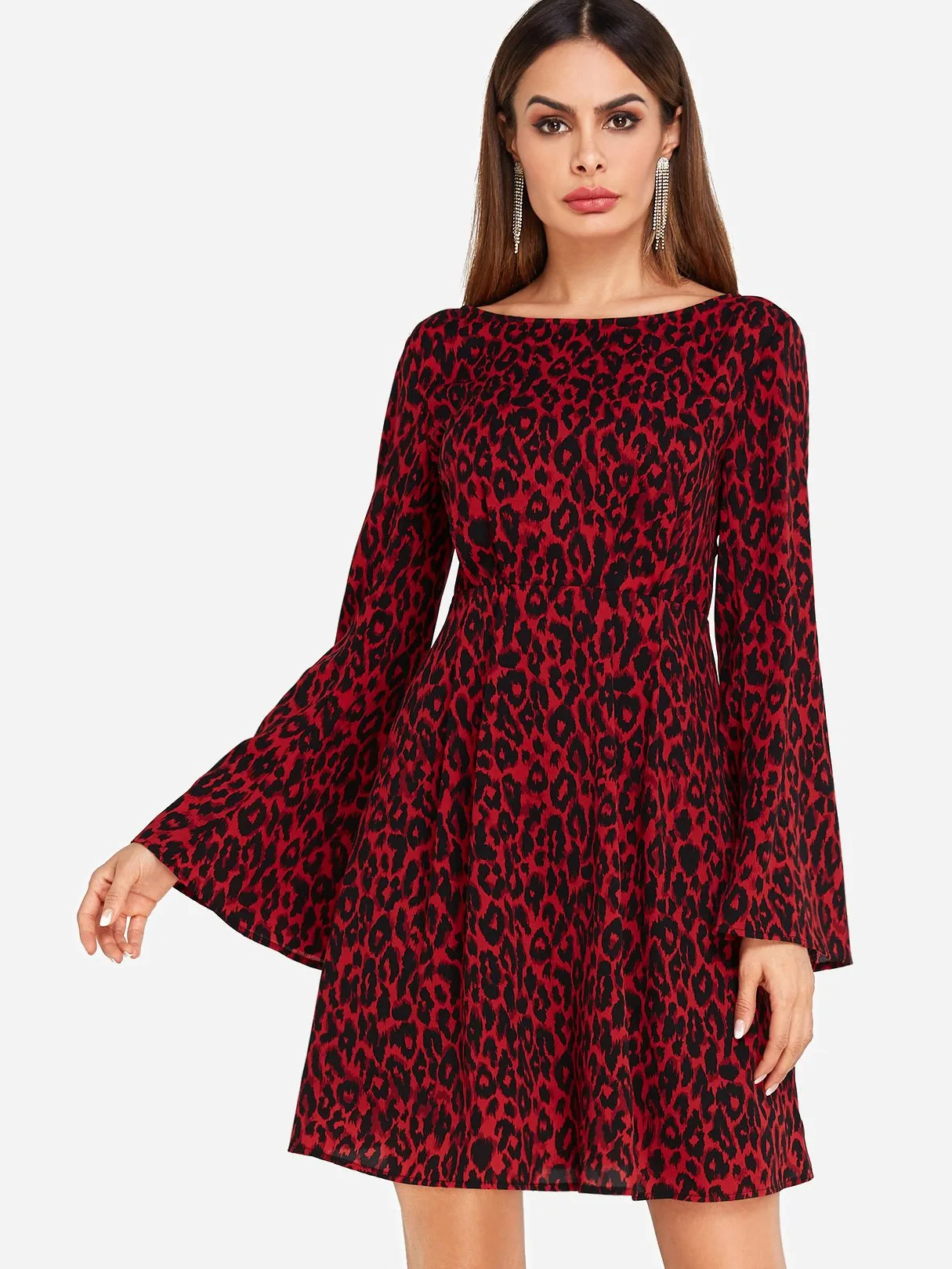 Wholesale Red Round Neck Long Sleeve Leopard Casual Dress