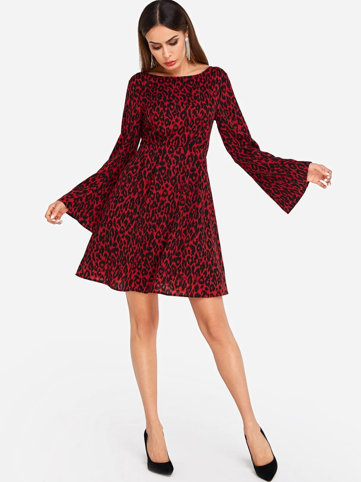 Wholesale Red Round Neck Long Sleeve Leopard Casual Dress