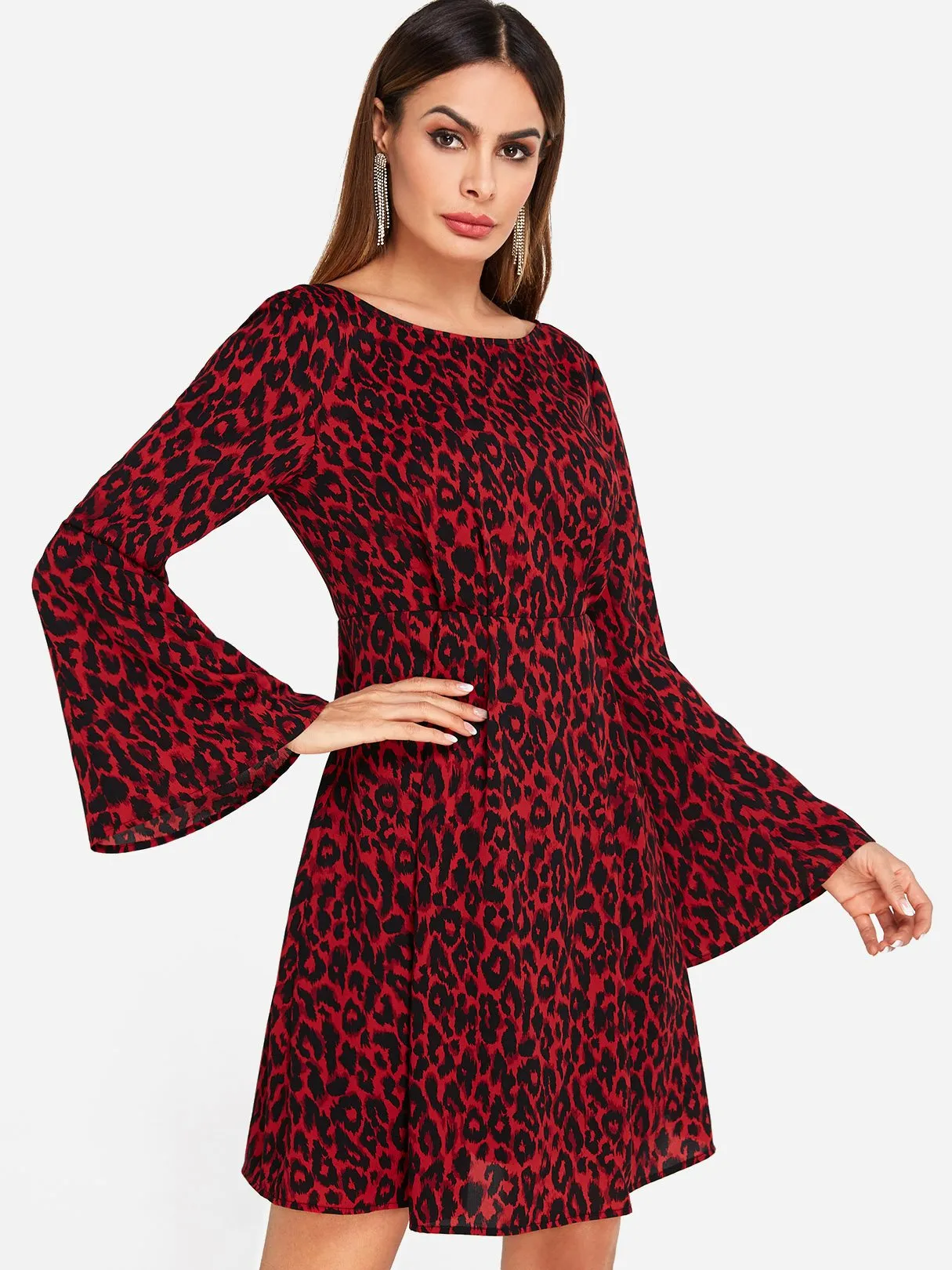 Wholesale Red Round Neck Long Sleeve Leopard Casual Dress