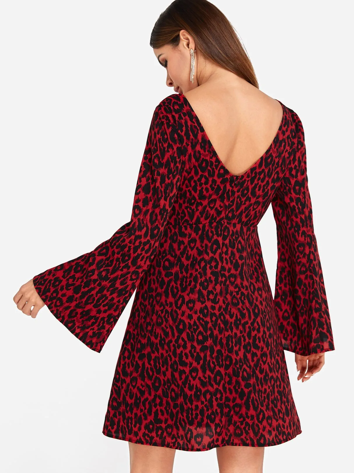 Wholesale Red Round Neck Long Sleeve Leopard Casual Dress