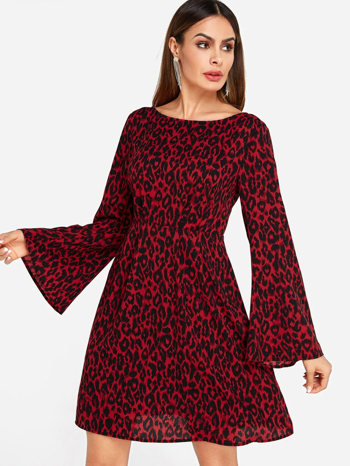 Wholesale Red Round Neck Long Sleeve Leopard Casual Dress