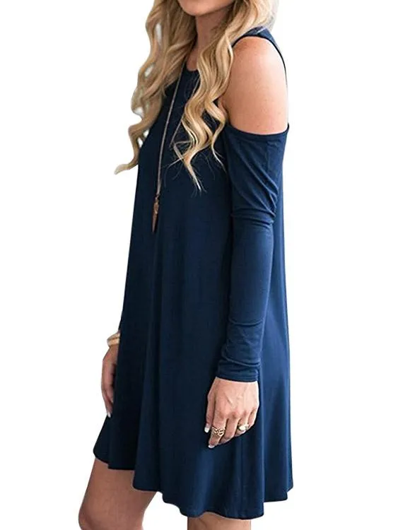 Wholesale Round Neck Cold Shoulder Long Sleeve Side Pockets Casual Dresses