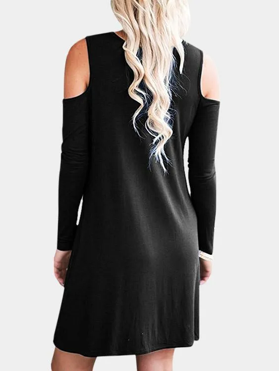 Wholesale Round Neck Cold Shoulder Long Sleeve Side Pockets Casual Dresses