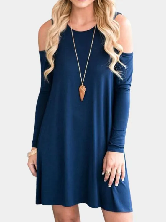 Wholesale Round Neck Cold Shoulder Long Sleeve Side Pockets Casual Dresses