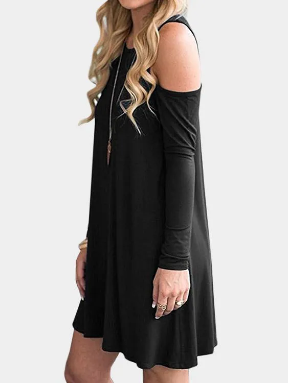 Wholesale Round Neck Cold Shoulder Long Sleeve Side Pockets Casual Dresses