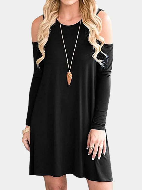 Wholesale Round Neck Cold Shoulder Long Sleeve Side Pockets Casual Dresses