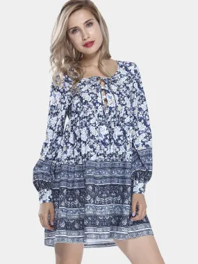 Wholesale Round Neck Long Sleeve Floral Print Casual Dresses