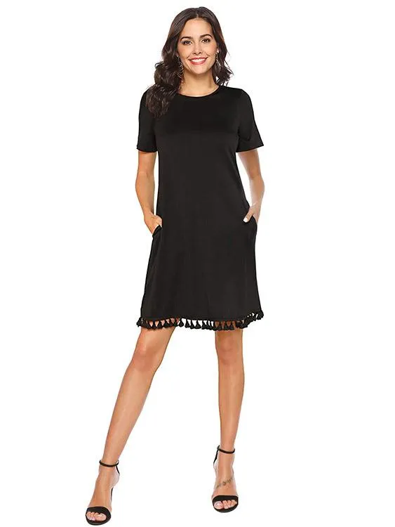 Wholesale Round Neck Short Sleeve Plain Side Pockets Pom Pom Hem Casual Dresses