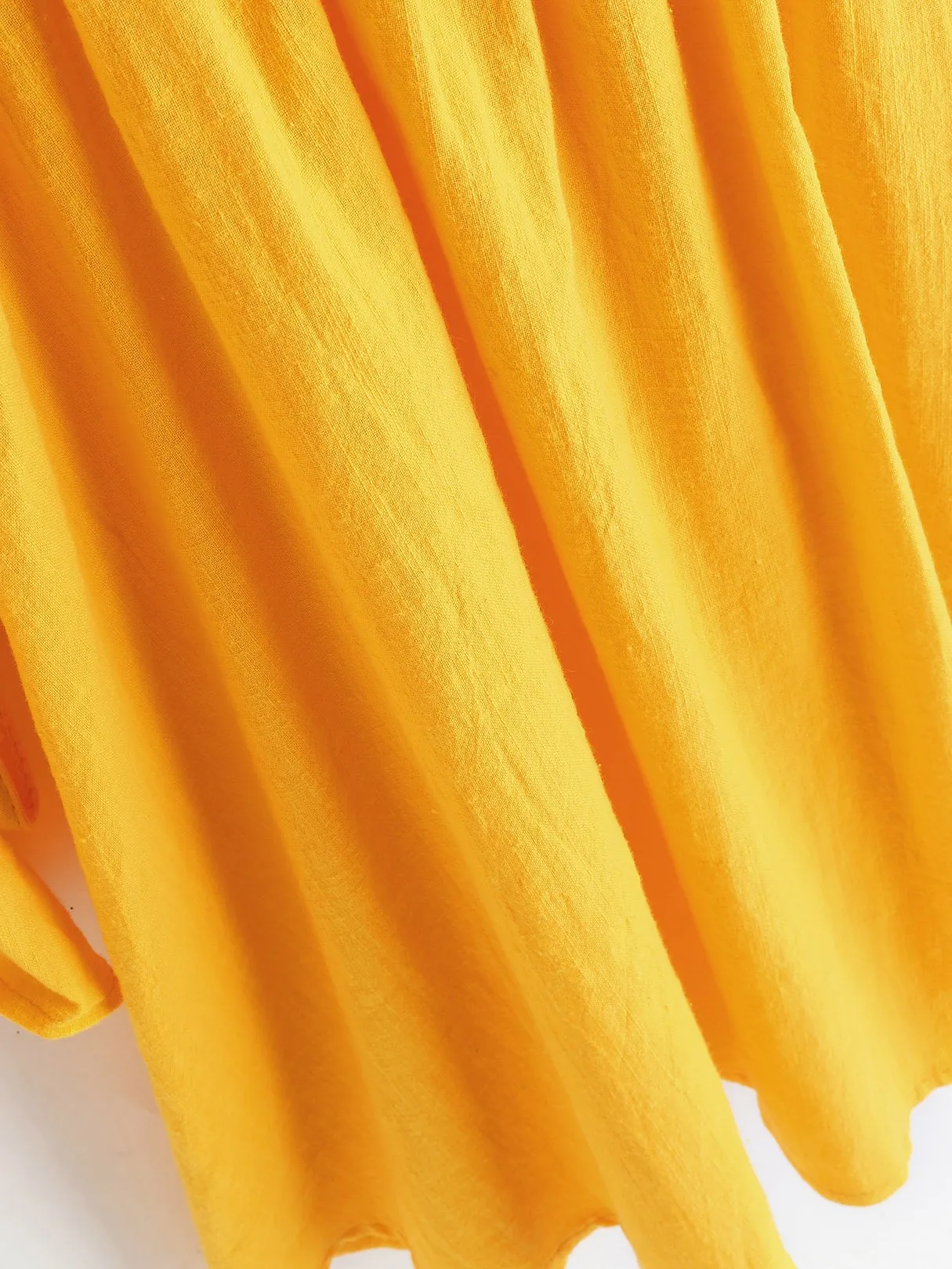 Wholesale Scoop Neck Plain Cut Out Pleated Self-Tie Long Sleeve Ruffle Hem Yellow Casual Dresses