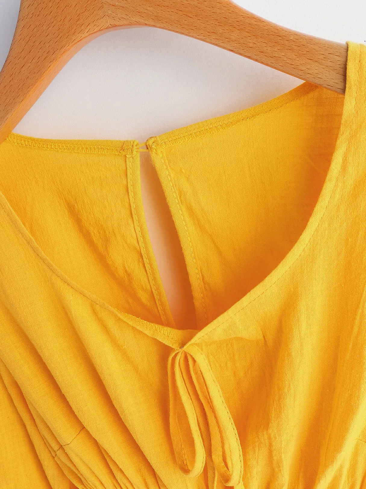 Wholesale Scoop Neck Plain Cut Out Pleated Self-Tie Long Sleeve Ruffle Hem Yellow Casual Dresses