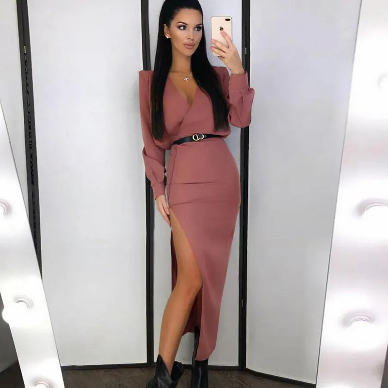 Wjczt Autumn Winter Dress 2021 Maxi Long Sleeve V-Neck Slit Bodycon Sexy Casual Women&#39;s Party Prom Evening Elegant Dresses For Women