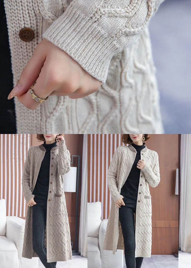 Women Beige Stand Collar Pockets Knit Long Cardigans Winter