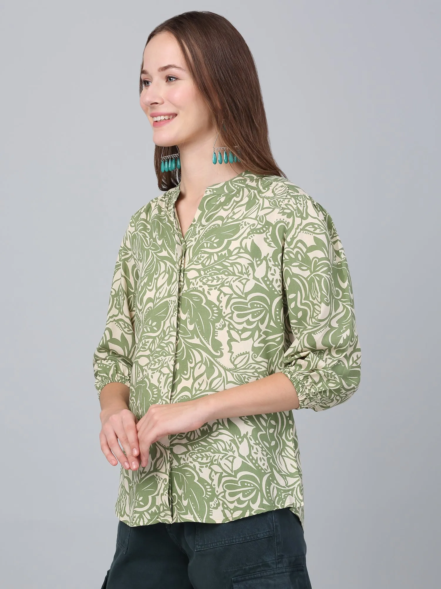 Women Green Printed V-Neck Casual Tunic