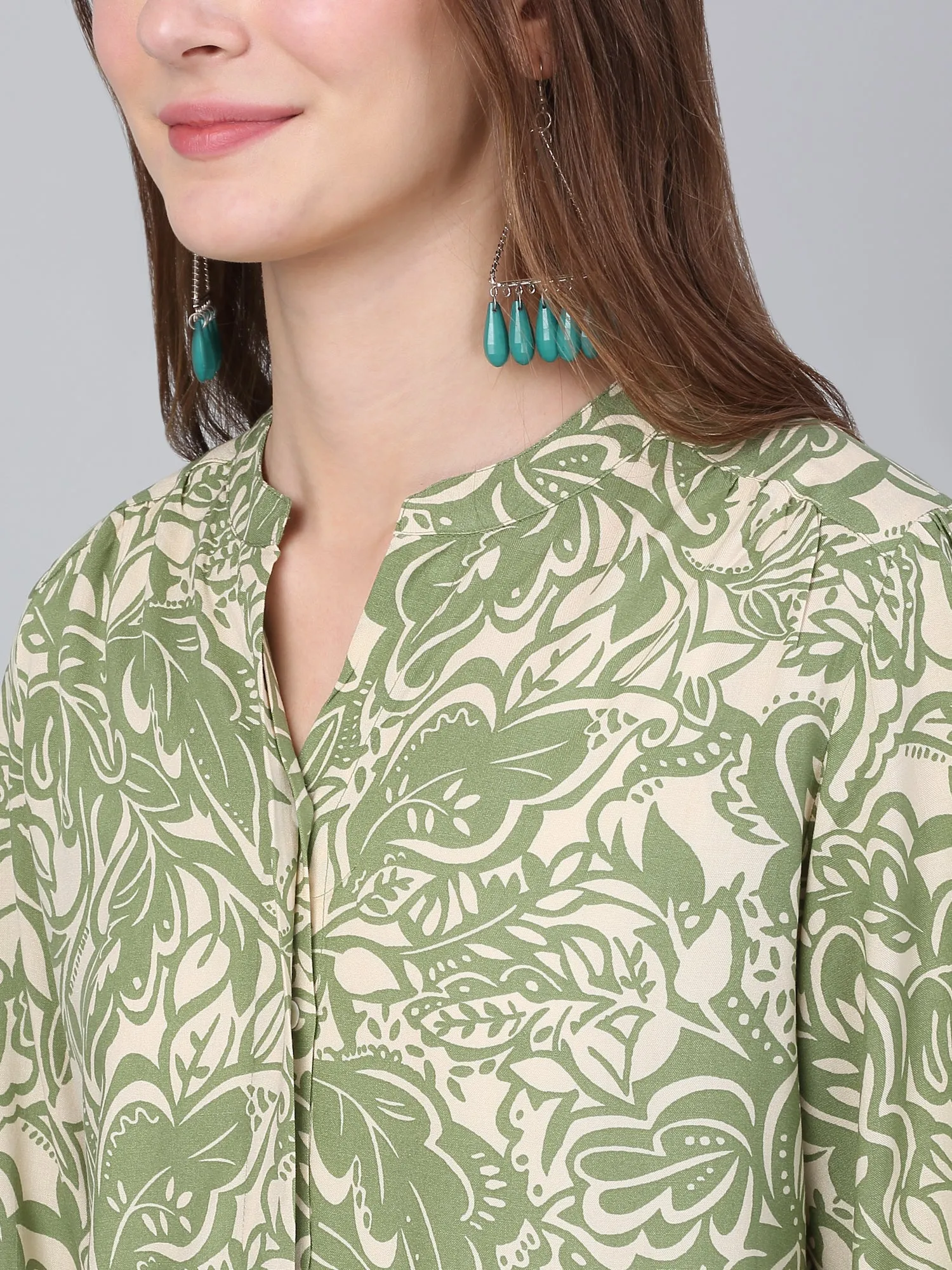 Women Green Printed V-Neck Casual Tunic