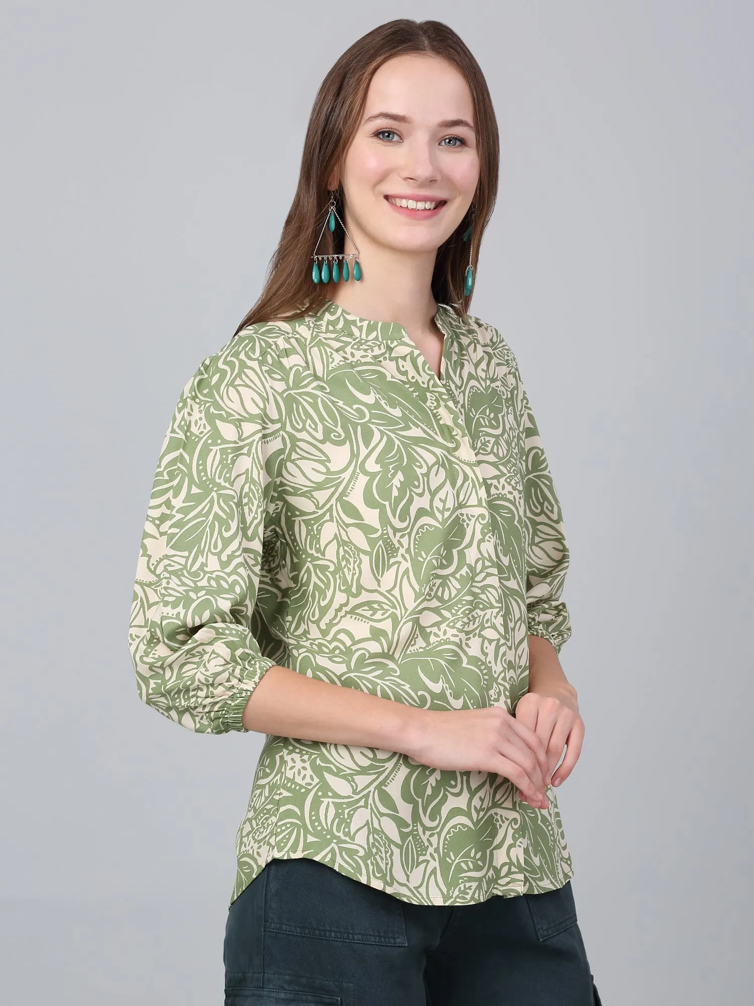 Women Green Printed V-Neck Casual Tunic