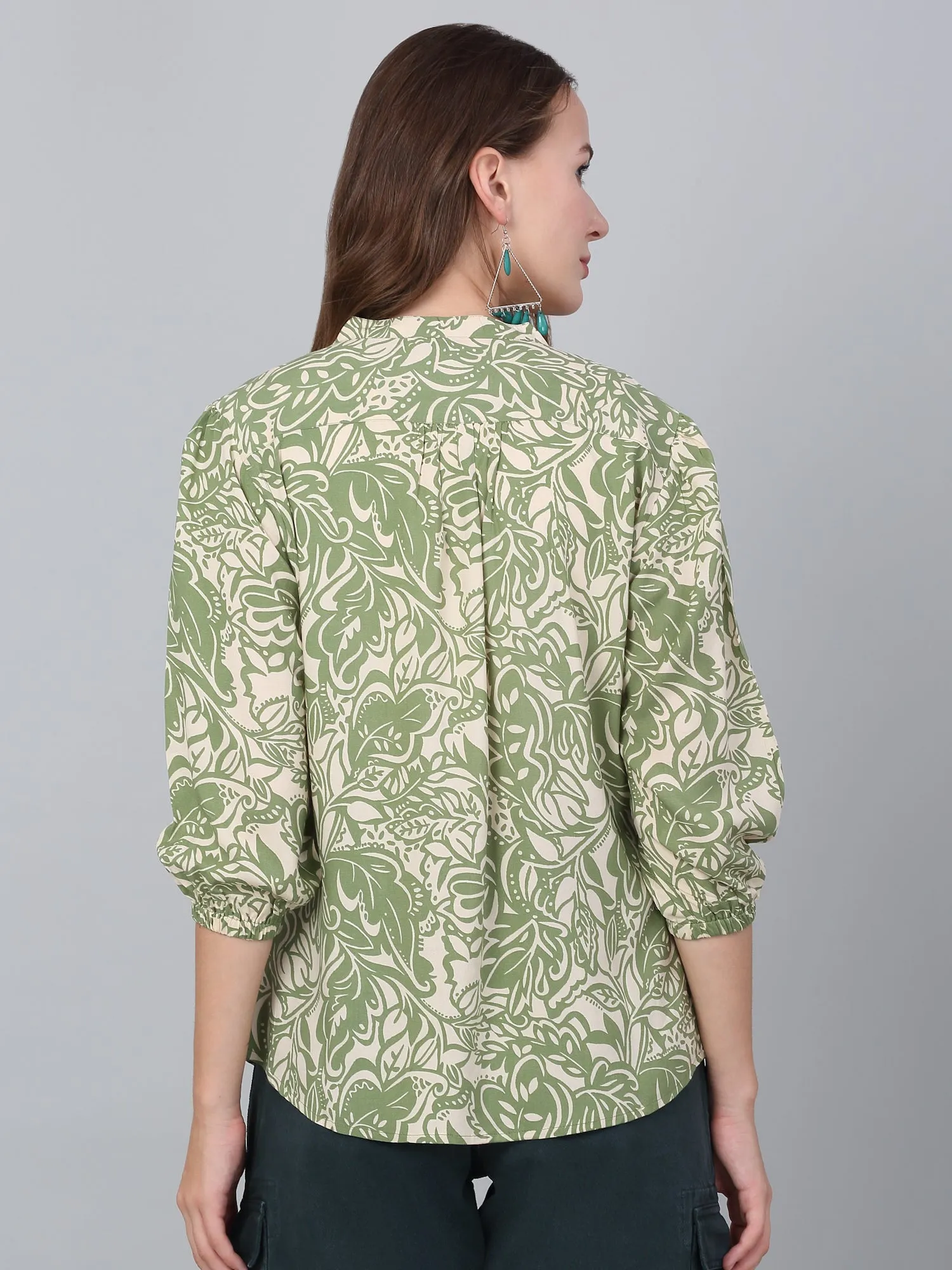 Women Green Printed V-Neck Casual Tunic