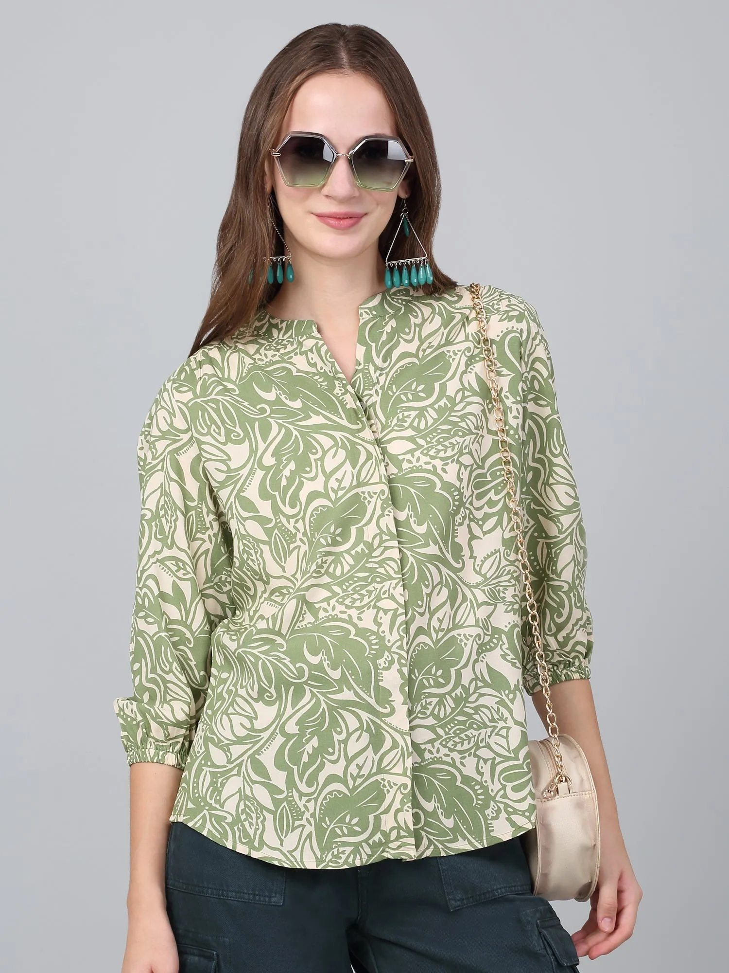 Women Green Printed V-Neck Casual Tunic