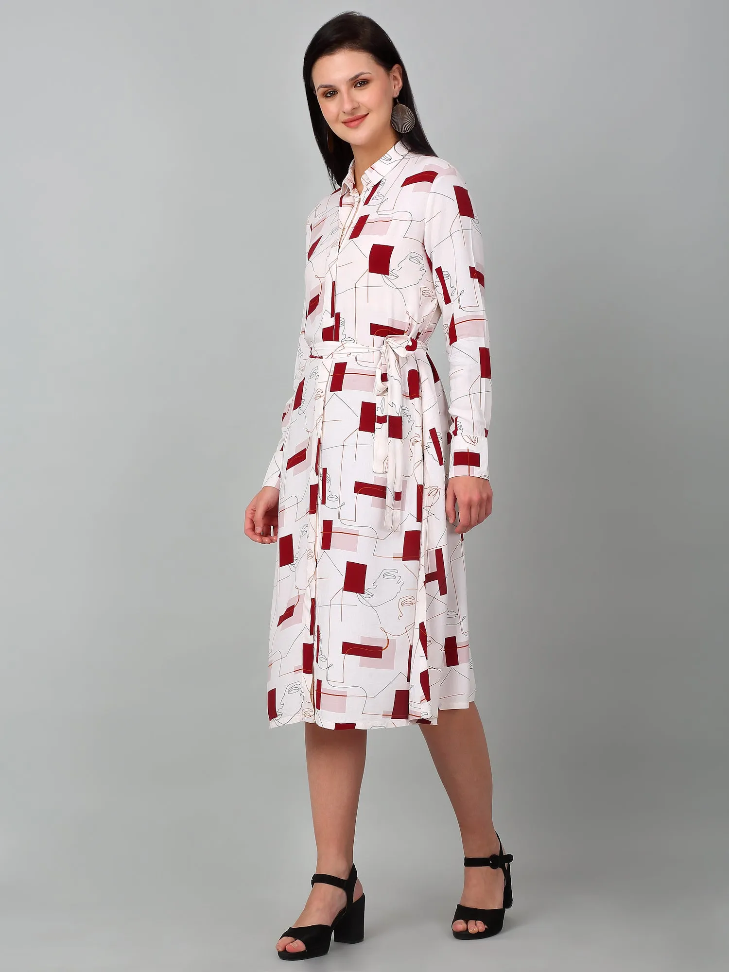 Women Ivory Collar-Neck Printed Dress