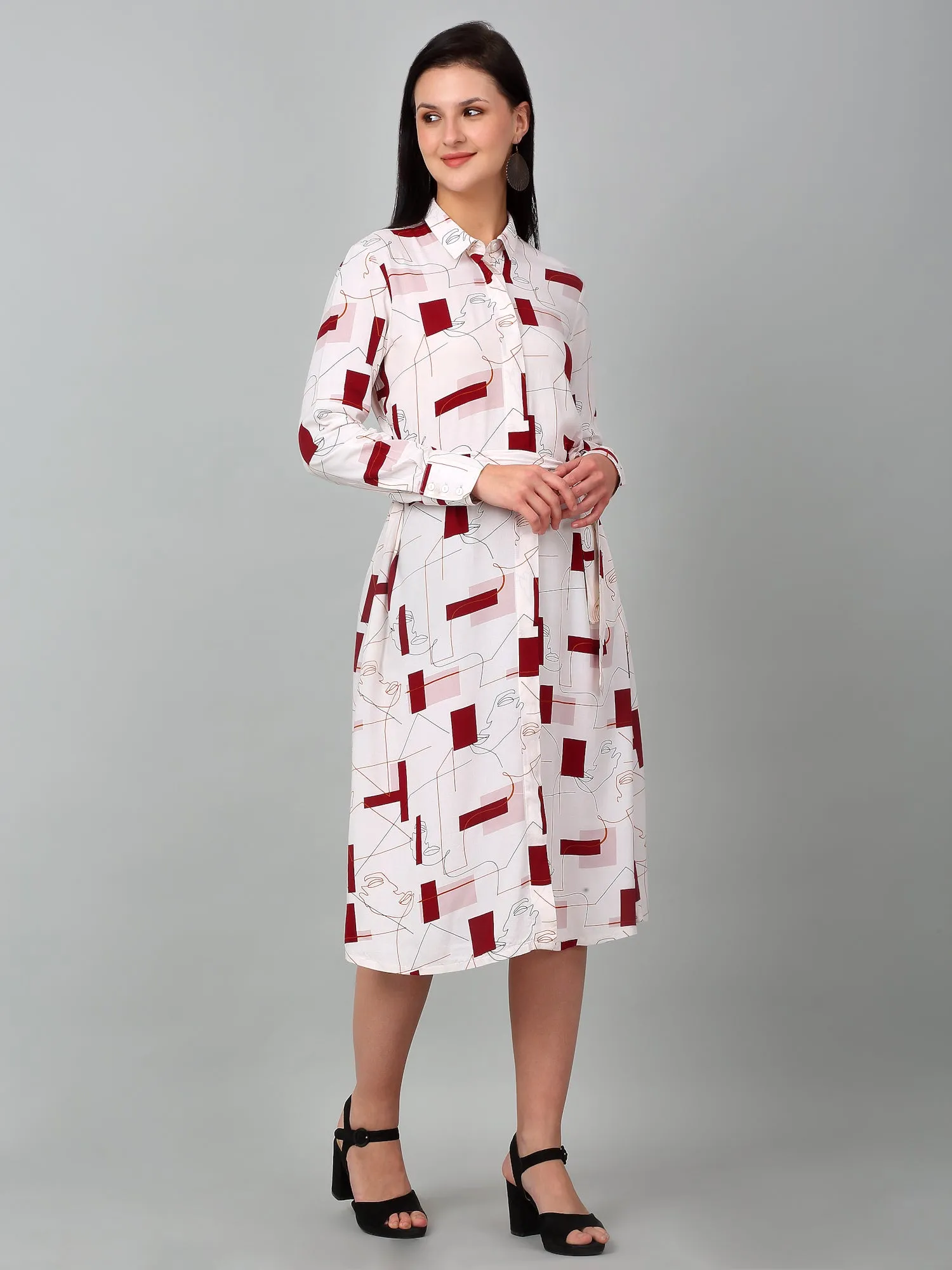 Women Ivory Collar-Neck Printed Dress