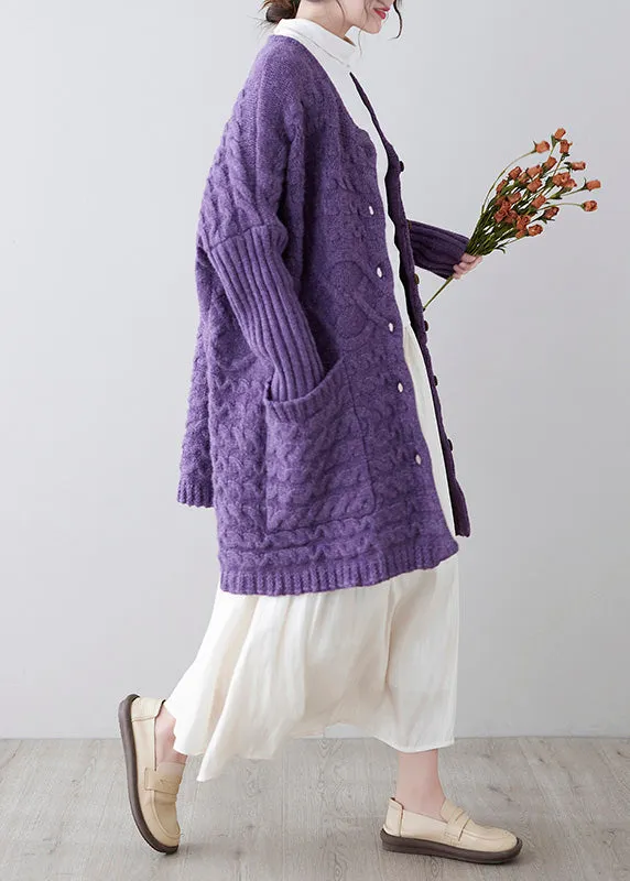 Women Purple O-Neck Button Knit Loose Knit Cardigans Spring