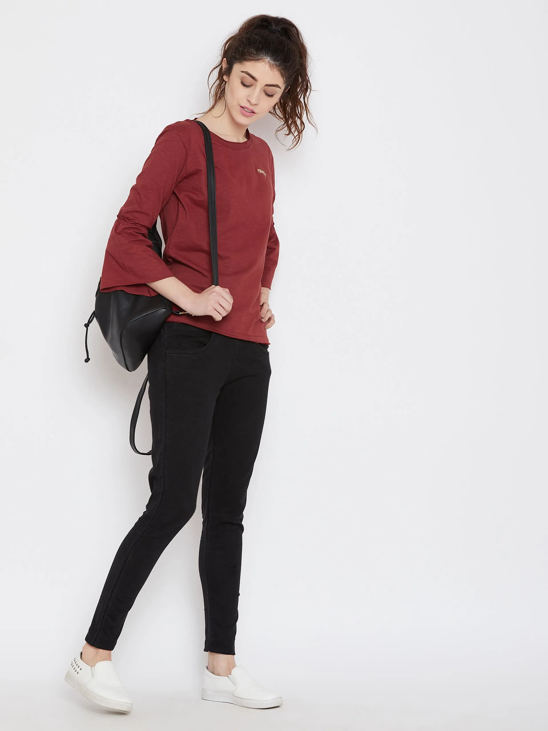 Women Red Solid Casual Tops