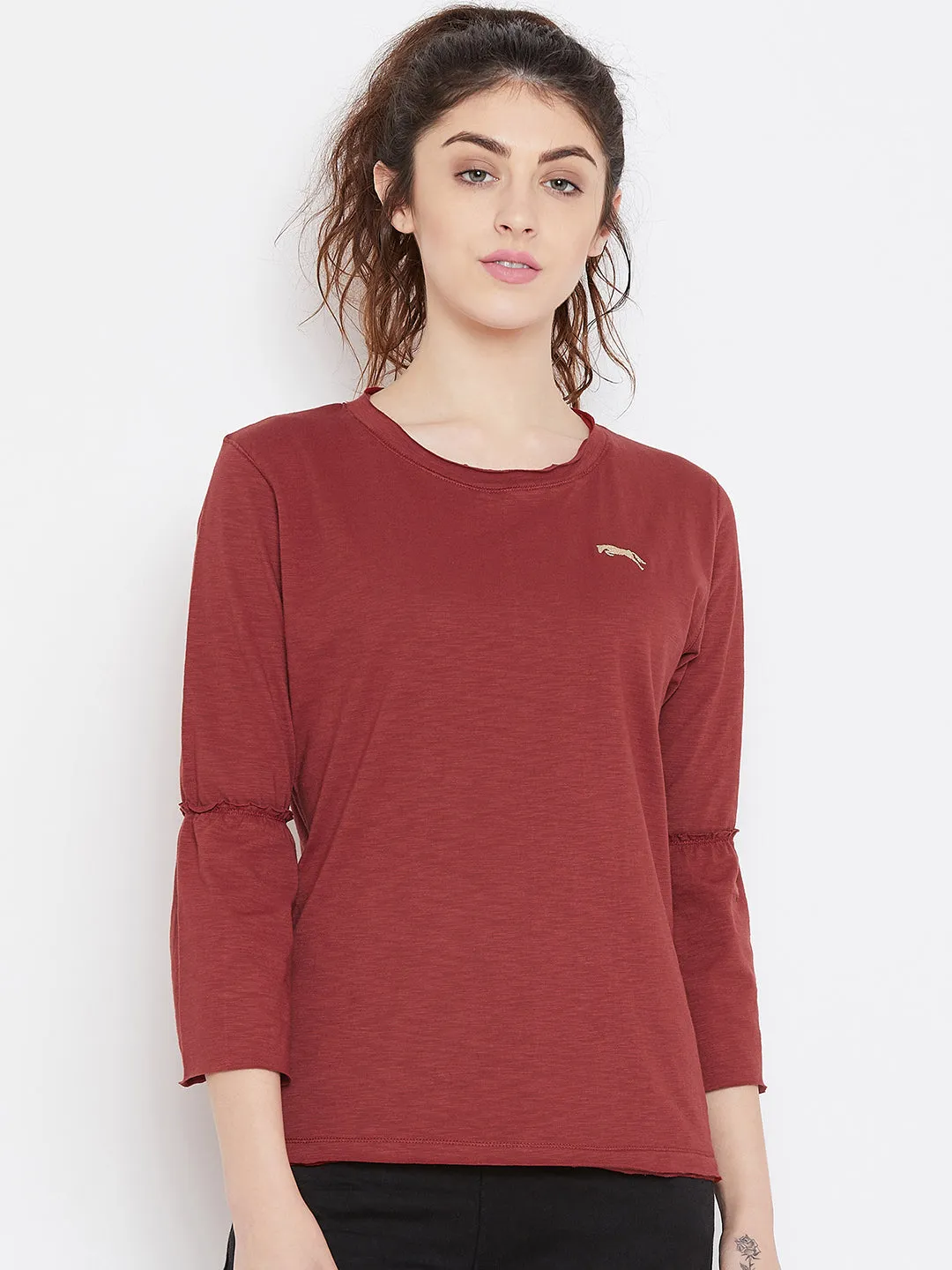 Women Red Solid Casual Tops