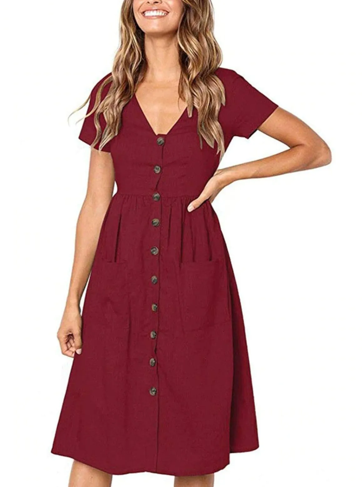 Women's Button Down Casual Dress With Front Square Pockets