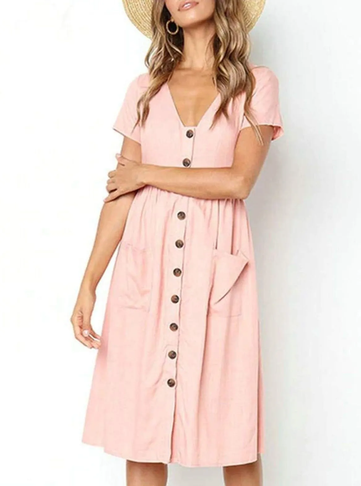 Women's Button Down Casual Dress With Front Square Pockets