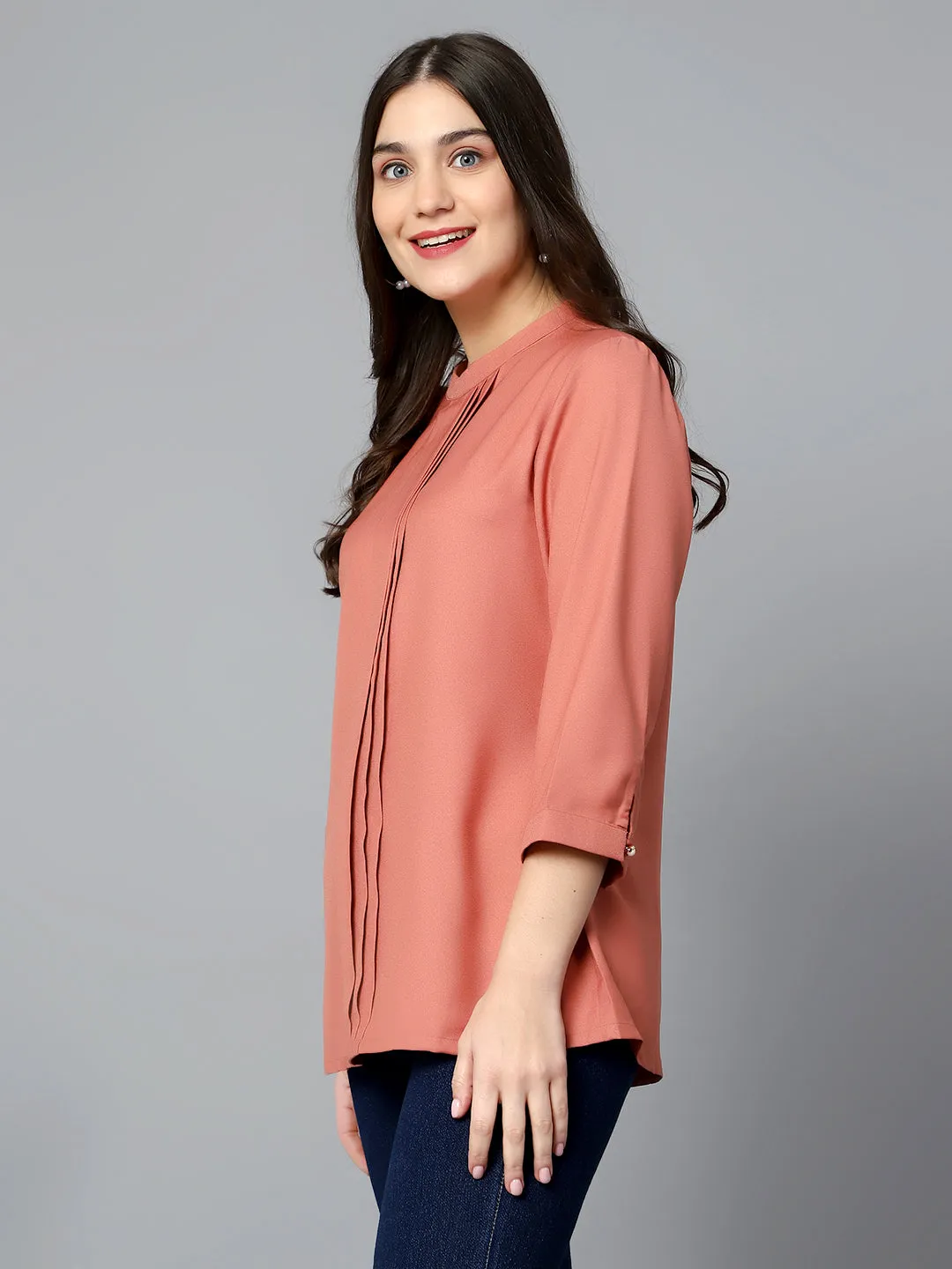 Women's Casual  Pink Mx Solid Band Collar Tunic