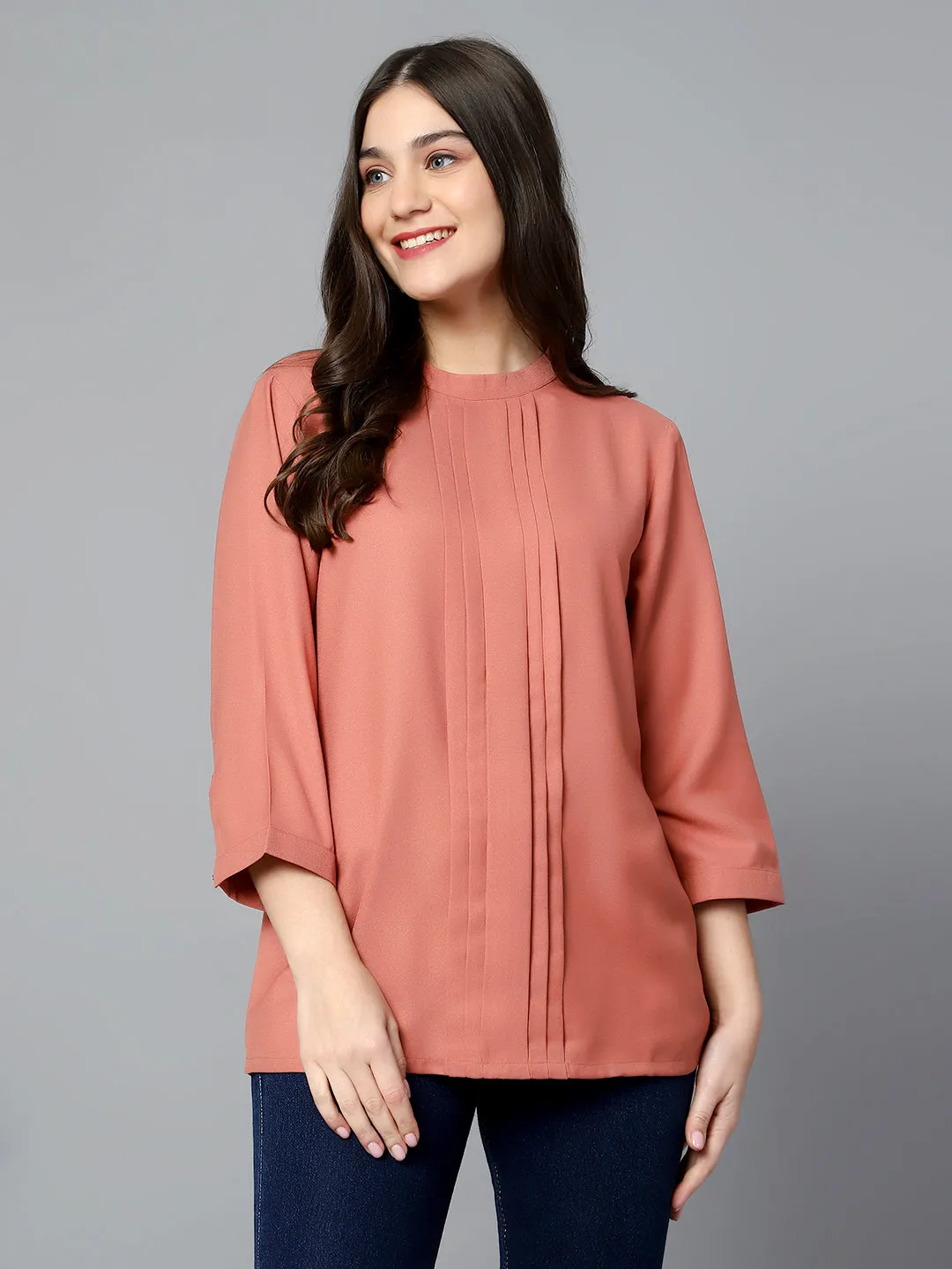 Women's Casual  Pink Mx Solid Band Collar Tunic